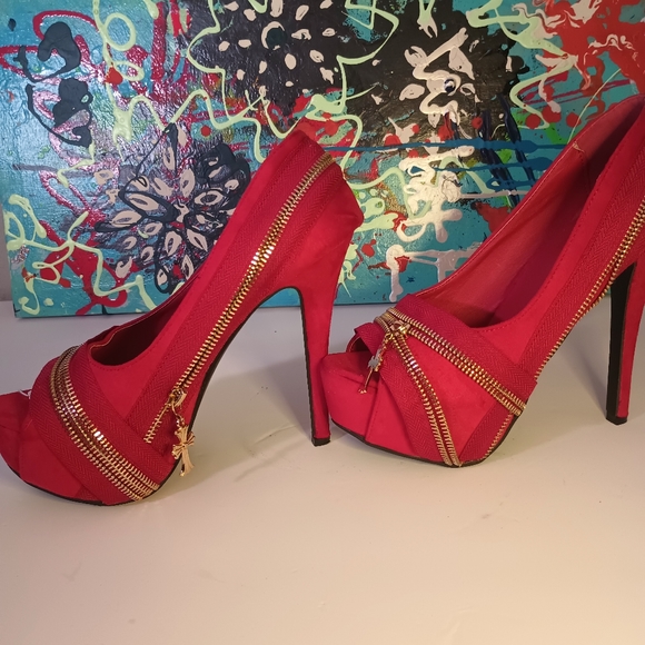 Story Show Peep Toe Red Zipper Shoes 7.5W - Picture 3 of 5